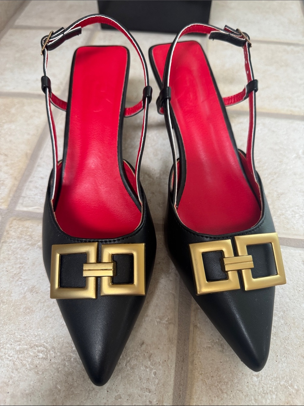 Black Slingback Pointed-Toe Pumps with Gold Buckle Size 8